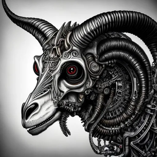 Prompt: create an air brushed picture of a hyper realistic ultra detailed photograph of a beautiful biomechanical goat skull, huge horns, long goatee, red eyes, chrome, metal, H. R. Giger art style, monochrome, industrial, biomechanical, chrome, H. R. Giger inspired, goat skull, highly detailed, 8K, UHD, exquisite detail, dirty, dark heavy metal, evil, dark background, monochrome,