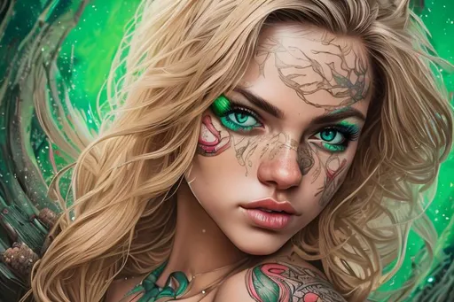 Prompt: full body portrait of female with blonde hair and with cute face, green eyes, sunset, perfect composition, hyper realistic, super detailed, 8k, high quality, trending art, trending on art station, sharp focus, intricate details, highly detailed,  tattoos over eyes