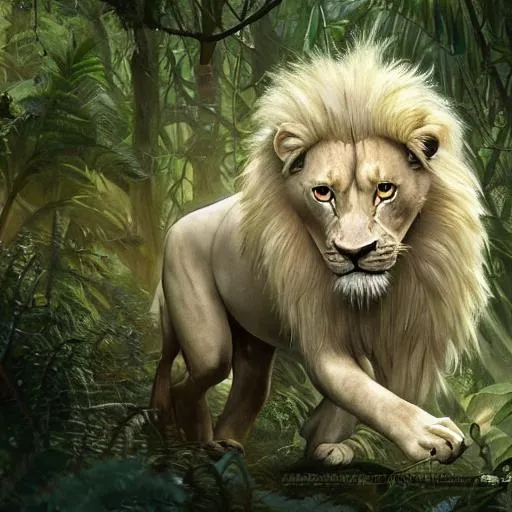 Prompt: commission portrait of a male anthro albino lion,dressed in jungle clothes,goung through a jungle.,dramatic,character design by charles bowater,greg rutkowski,ross tran,hyperdetailed,hyperrealistic,4k,deviantart,artstation,professional photography,concept art