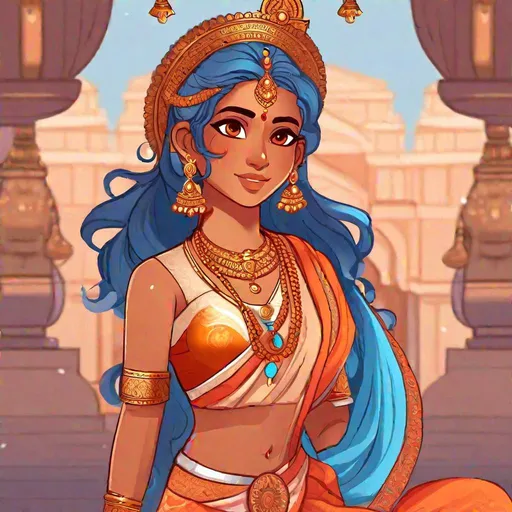 Prompt: Full body. Whole figure. A hindu girl god. She has a reddish skin tone and blue hairs. Cute face. He has 4 harms. RPG art. Well Draw face, detailed. 2d. Dynamic pose. 