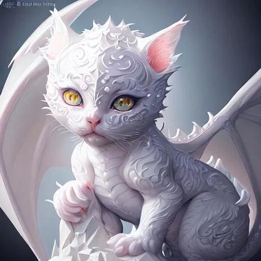Prompt: white dragon kitten made of echoes + wings + creative + whimsical + gothic + smooth + super detailed +  highly detailed, digital painting, Trending on artstation , HD quality,artgerm, by Ilya Kuvshinov 