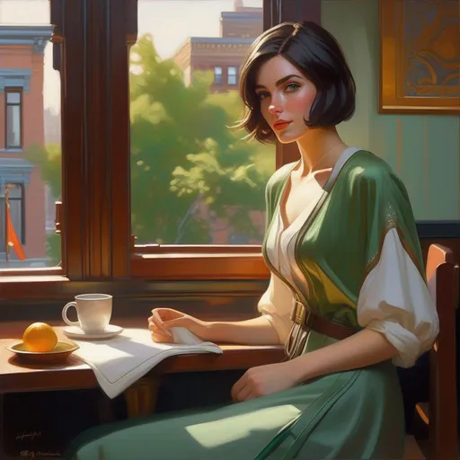 Prompt: Third person, gameplay, russian girl, pale skin, dark brown chin-length bob, freckles, green eyes, baggy clothing, 2023, NYC, silver atmosphere, cartoony style, extremely detailed painting by Greg Rutkowski and by Henry Justice Ford and by Steve Henderson 