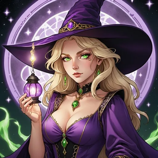 Prompt: tarot card Anime illustration, empress, a mature blonde with 
wavy hair which clearly  wields magic in form of purple thunder. She's called Lisa know but is also known as 'Witch of Purple Rose' She has intensely green eyes, pale complection, sizeable decolletage and gentle yet flirty face. A small lantern hangs from the tip of her pointy hat.