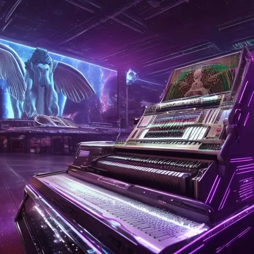 Prompt: Assyrian Lamassu playing mellotron in an alien mall, widescreen, infinity vanishing point, galaxy background, surprise easter egg
