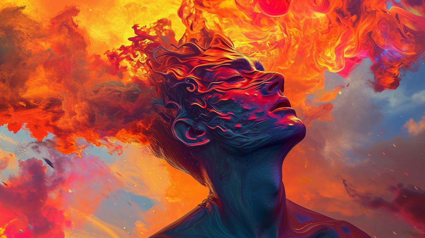 Prompt: man with fire swirling from his head, in the style of colorful cartoon, detailed skies, crisp neo-pop illustrations, honeycore, trapped emotions depicted, vibrant color fields, poured