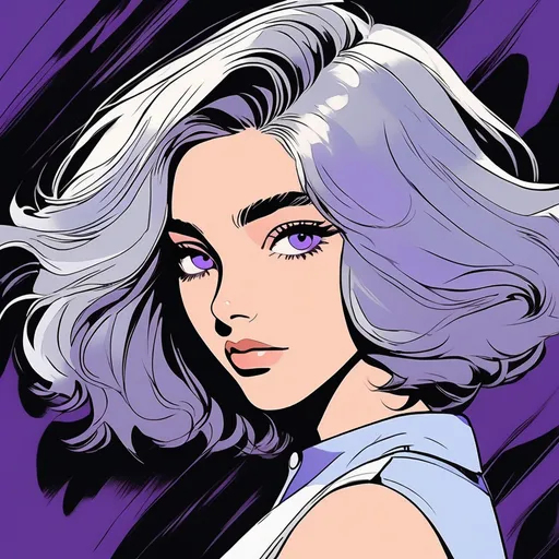 Prompt: Cel-shaded. Teenaged woman with smoky grey hair in a choppy bob.  Comic book artstyle. Grey eyes. Purple eyeshadow