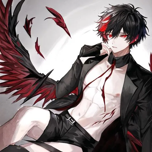 Prompt: Damien  as a fallen angel (male, short black hair, red eyes)