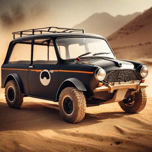 Prompt: offroad rally premier padmini batmobile, product studio shot, on a white background, diffused lighting, centered.