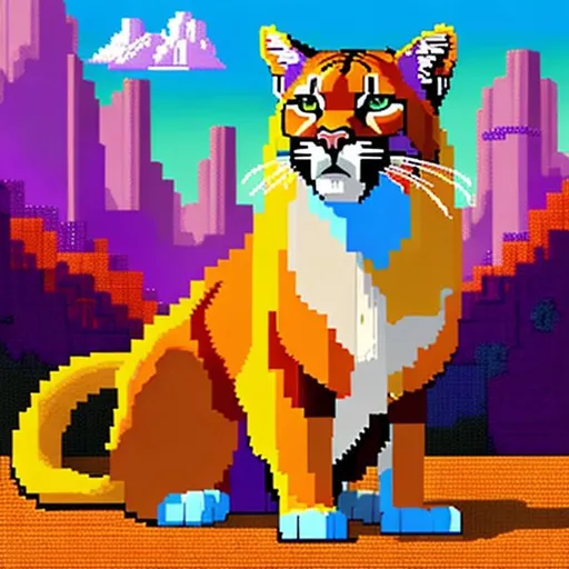 A cat in a colourful indie game pixel style