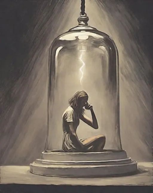 Prompt: Depict the emotional journey within ((The Bell Jar)). Create an abstract representation of the protagonist's inner struggles and self-discovery. Lighting: Moody lighting to evoke introspection. Mood: A powerful portrayal of the human psyche.