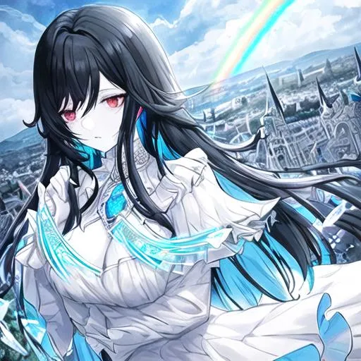 An anime girl with black hair and blue highlights. her hair is long and  straight. her eyes are amber