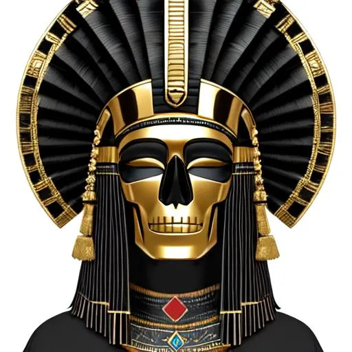 Prompt: An Obsidian Aztec/Egyptian style skull mask, with small gold embroidery, with large black feathers.