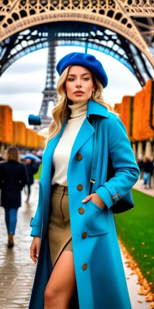 Prompt: 8k photo of a beautiful sophisticated French woman, olive skin, long blonde hair, blue-eyed, upturned nose, natural makeup, tall & leggy, blue raincoat white turtleneck sweater & beret, khaki tweed skirt, Prada boots, walking in a busy & crowded Paris park, Eiffel Tower in background, detailed features, realistic, highres, sophisticated, elegant, natural lighting, vibrant colors, realistic curvy physique, natural lush opulent figure, modern fashion, trendy, editorial fashion photography, magazine cover style