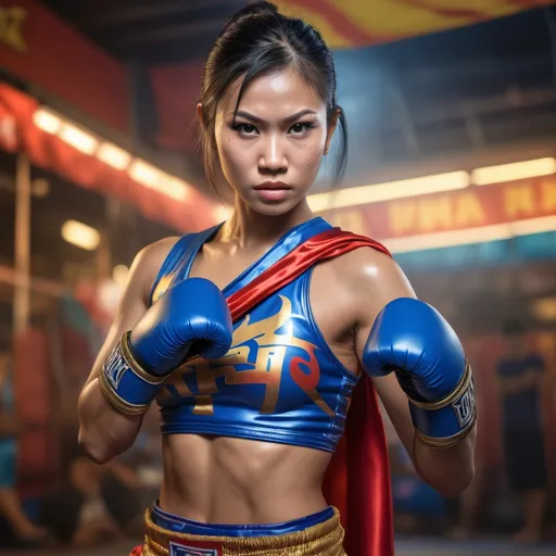 Prompt:  female muay thai fighter, in realistic background of bangkok, detailed armor and cape, 4K, detailed facial expression, superhero, vibrant colors, intense gaze, advertisement-worthy, realistic, detailed illustration, professional, vibrant lighting
