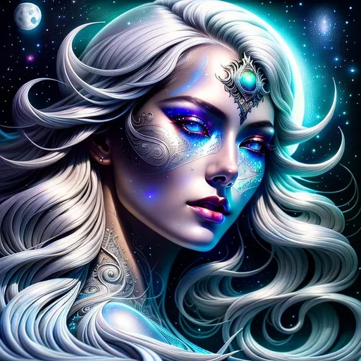 Prompt: Beautiful moon goddess covered in nightly glow with detailed silver features in the moon with illuminating moonshine, beams; by anna dittmann, floradriel, digital painting, extreme detail, 120k, ultra hd, hyper detailed, white, wlop, digital painting; crystal body, Anime Character, Detailed, Vibrant, Anime Face, Sharp Focus, Character Design, Wlop, Artgerm, Kuvshinov, Character Design, Unreal Engine, Vintage Photography, Beautiful, Tumblr Aesthetic, Retro Vintage Style, Hd Photography, Hyperrealism, Beautiful Watercolor Painting, Realistic, Detailed, Painting By Olga Shvartsur, Svetlana Novikova, Fine Art, Soft Watercolor