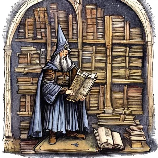 Prompt: Wizard holding an important big book in a Medieval library, style of Anton Pieck