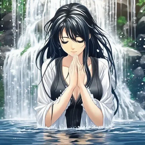 Prompt: A woman who closes her eyes and puts her hands together in front of her chest to get wet under the waterfall.
anime, splashing water, perfect anatomy, detailed face, detailed skin, black hair, perfect fingers, wet skin, wet pure white japanese style clothe, detailed clothes, soft focus, front view, 
