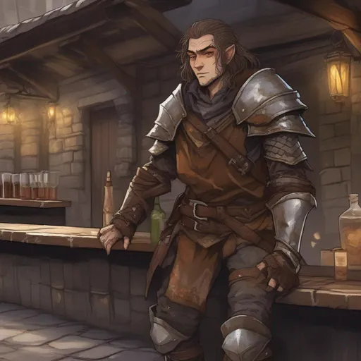 Prompt: DND an old haggard male elf with medium length ratty brown hair with grey streaks and scars on his face wearing rusty plate armor outside a bar
