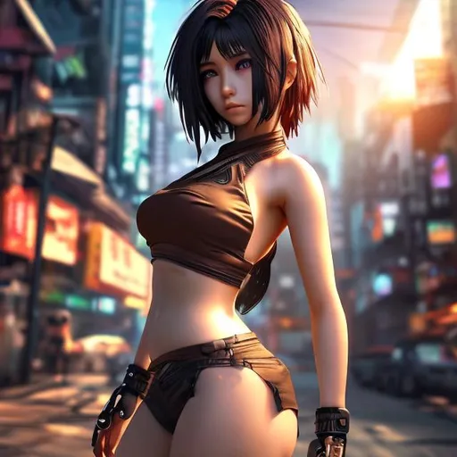 Prompt: 4k high resolution cgi anime cyberpunk style, 18 year old petite Thai female, thick body build, bare belly and low cut halter top, light brown eyes