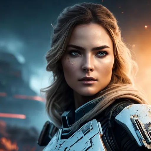 Prompt: create most beautiful fictional female elite space soldier from future and whose face is battle scarred from war, wide angle, detailed environment, detailed background, an nebulae in sky highly detailed environment, detailed background, intricate, detailed skin, natural colors , professionally color graded, photorealism, 8k, moody lighting


