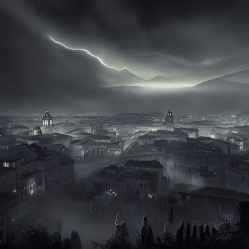 Prompt: it's Rome but in a Lovecraft story. Seen by the sky.
With darkness in form of black fog that envelope the city and shadow all around.
Evil is in town.
Look like a Nolan movie with a lot of contrast and blue lights
