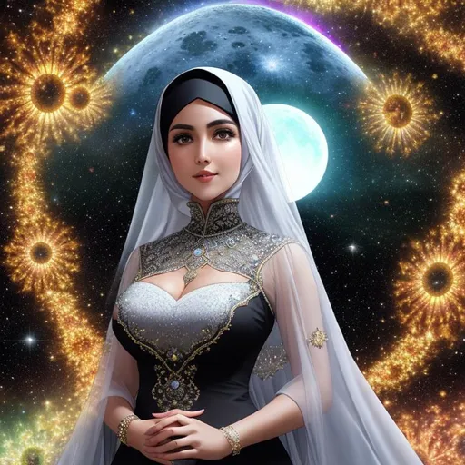 Prompt: full color julia clusters mandelbrot voronoi fractal space sun in dyson sphere and moon on foreground, A big beautiful and real Muslim housewife photo, wearing a black transparent dress and a white veil