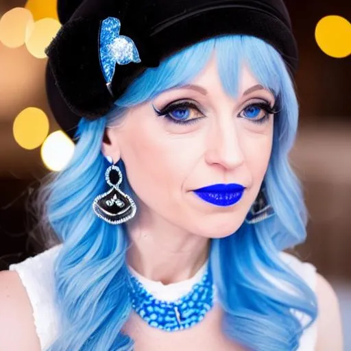 Prompt: Kellyanne conway eating blue frosty ice cream cake , inside cavernous bakery,  blue lipstick, pleasant face, blue eyes, Black eyeshadow, Sugar Hat, extremely large ice earrings. Wide Blue heart necklaces, Cold color scheme, ultradetailed, 8k resolution, perfect, smooth, high quality, shiny. 