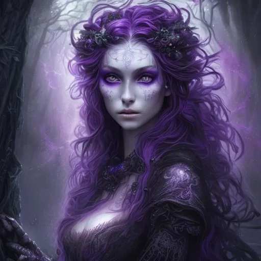 Prompt: Detailed and mystical portrait of a young beautiful witch with ivory clear skin, long purple hair and deep purple eyes. Perfect female body,, night light, dramatic, magical, fantasy, 8k, high detailed, dramatic light