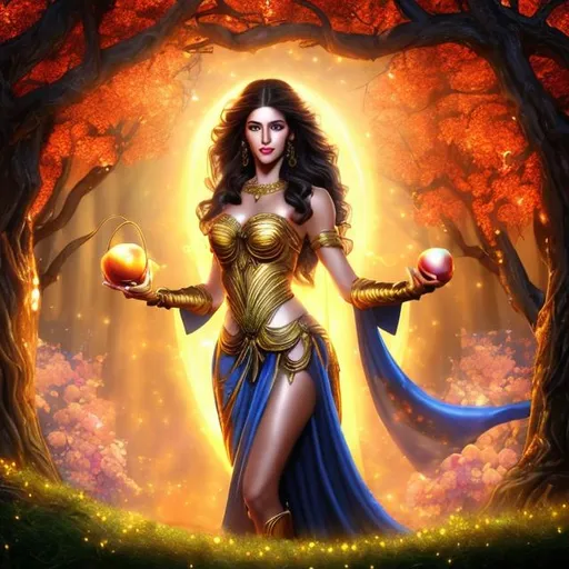 Prompt: HD 4k 3D 8k professional modeling photo hyper realistic beautiful evil demon woman ethereal greek goddess of strife
straight white hair hazel eyes gorgeous face fair skin beautiful dark shimmering grecian gown holding golden apples full body surrounded by magical glowing light hd landscape background standing under a large tree with golden apples in the dark cosmos