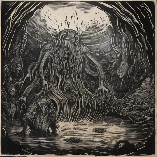 Prompt: A woodcut india ink pressing of a noble-like cultist summoning an Aboleth. It is emerging from a natural pool within an old sea cave. Mucous and deep sea life give the environment a horror vibe.

