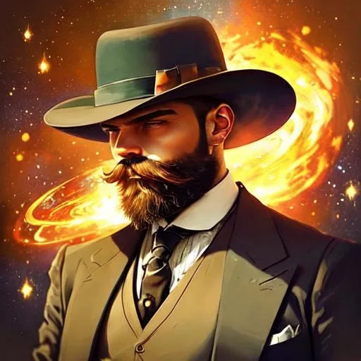 Prompt: A man with a suit and tie from 1890 with a bowler hat staring into a galaxy in a field of wheat, with him on fire, beard, brown hair, green eyes, in color faceing away from camra, best quilaty