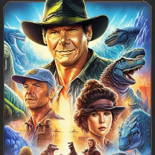 Prompt: Make a {{Movie Poster in the style of Drew Struzan}} starring Harrison Ford for 'Indiana Jones in the Valley of Dinosaurs', highly detailed