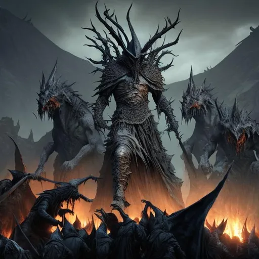 Prompt: realistic photo of dreadful Witch-king of Angmar, surrounded by Fearsomee Wargs, volcano background, 4k, highly detailed, intricate details, 