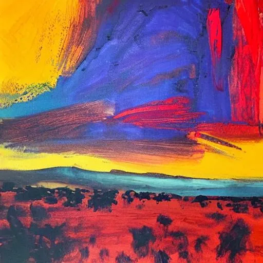 Prompt: mixture of reds, burgundies, yellows, oranges, purples, turquoise, violet, stars in the the twilight sky in outback australia in the style of expressionism
