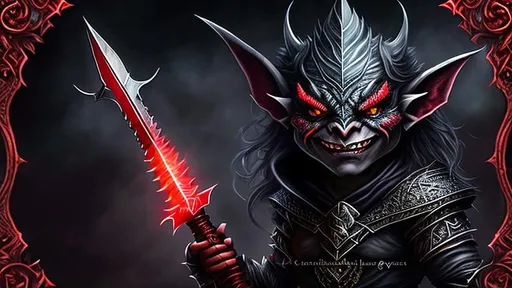 Prompt: {{{Small Male Goblin with Red eyes and pointed teeth}}}, {{Holding a black dagger}}, {Sinister, Evil}, High Quality, Hyper Detailed, Intricate Detail, Dark Colors