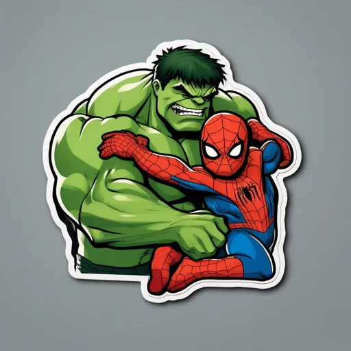 Prompt: sticker of hulk hugs spiderman