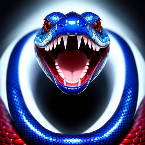 Prompt: a face shot of a beautiful bright blue snake with blood red eyes and bloody teeth, very glossy and shiny, reflective, symmetrical, perfect composition, hyperrealistic, super detailed, 8k, high quality, trending art, trending on artstation, sharp focus, studio photo, intricate details, highly detailed, Trending on Artstation, Cozy wallpaper, Pastel colors, soft lighting