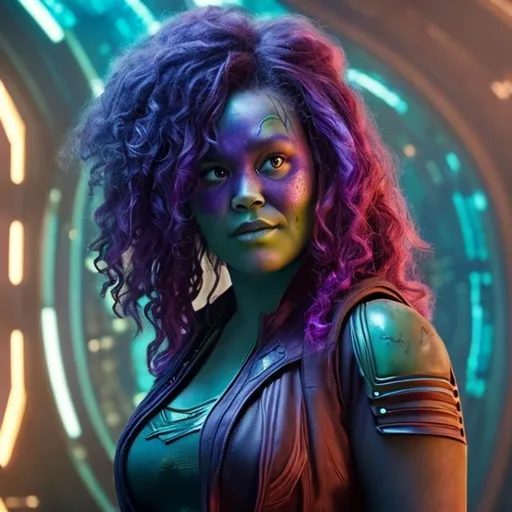 Prompt:  plus-size girl with curly hair, purple skin,  and circular shades in a Guardians of the Galaxy movie