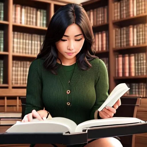 Prompt: high-quality modern-day full-body portrait of a hyperdetailed girl sitting down in a quiet great realistic wooden library reading a hyperrealistic book on a oak wood table in front of her. smart casual office lady clothing with a dark green unbuttoned sweater, black skirt, ((barely clothed)), hyperdetailed dark hair, masterpiece, hyperdetailed full body, hyperdetailed feminine attractive face and nose, complete body view, ((hyperdetailed muscle)) ((hyperdetailed eyes)), perfect body, perfect anatomy, ultra-realistic, 3d lighting, beauty, sensual feminine romance, professional, perfect composition, unreal engine 8k octane, 3d lighting, UHD, HDR, 8K, render, HD, trending on artstation, front view, sharp focus