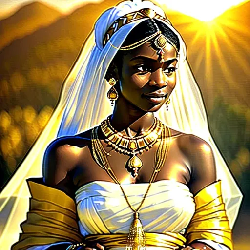 Prompt: (Hyperrealistic highly detailed wide shot photography of a tribal wedding ceremony)
Young, ebonian, beautiful, light traditional tribal clothes of translucent white silk, golden necklace, golden headband. In love, touching, moving, inspirationnal, poetic. Amazing scenery. Tribal. Early morning. Sunrise.