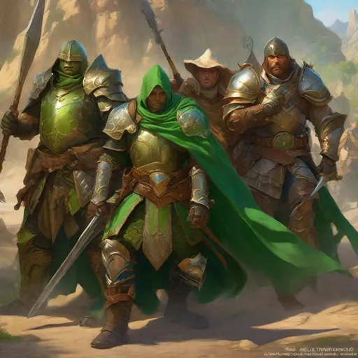 Prompt: A shot of a group of terrified knights wearing armor with green cloth, various fantasy races like half-orc, goliath, bugbear, steampunk, highly detailed, digital painting, art by Stanley Lau and Artgerm and magali villeneuve and Alphonse Mucha, artstation, octane render, cgsociety
