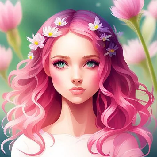 Prompt: a youngfairy goddess of spring, very curlsy hair, pink glow on cheeks,wildflowers, vivid colors, closeup