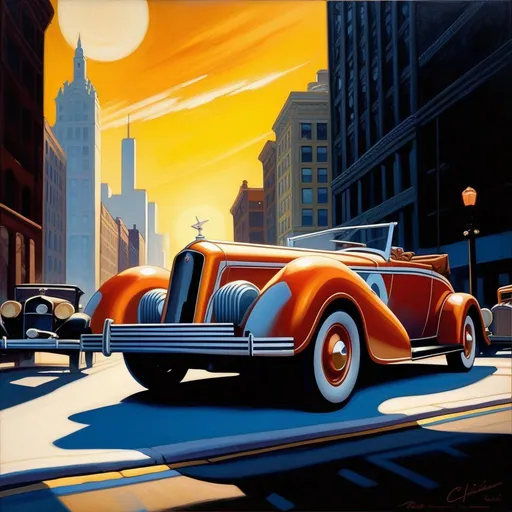 Prompt: 1930s, Chicago, car chase, sunny weather, warm atmosphere, cartoony style, extremely detailed painting by Greg Rutkowski and by Henry Justice Ford and by Steve Henderson