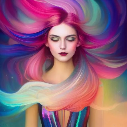 Prompt: Artgerm, Loish, james jean, tom bagshaw, beautiful woman, hair made of  iridescent colorful ribbons and smoke floating in the sky background, colorful and vibrant, mystical  colors, contemporary impressionism, iridescent painting, 3/4 perspective view, cute face, low angle, sweeping circling composition, large beautiful crystal eyes, big irises
