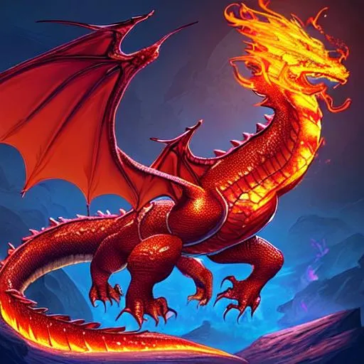 Prompt: Imagine a scorching dragon, born of magic and dreams—the warm dragon. It is a majestic, fantastical being, radiating with an ethereal presence. This magical creature embodies power and grace, with a body that is both awe-inspiring and fearsome. Its scales shimmer and glow, resembling molten lava