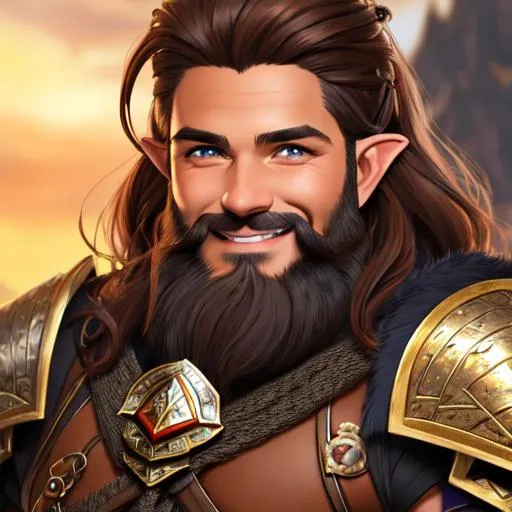 Prompt: oil painting, D&D fantasy, tanned-skinned-dwarf man, tanned-skinned-male, short, short bright brown hair, long beard hair, smiling, pointed ears, looking at the viewer, fighter wearing intricate armor outfit, #3238, UHD, hd , 8k eyes, detailed face, big anime dreamy eyes, 8k eyes, intricate details, insanely detailed, masterpiece, cinematic lighting, 8k, complementary colors, golden ratio, octane render, volumetric lighting, unreal 5, artwork, concept art, cover, top model, light on hair colorful glamourous hyperdetailed medieval city background, intricate hyperdetailed breathtaking colorful glamorous scenic view landscape, ultra-fine details, hyper-focused, deep colors, dramatic lighting, ambient lighting god rays, flowers, garden | by sakimi chan, artgerm, wlop, pixiv, tumblr, instagram, deviantart