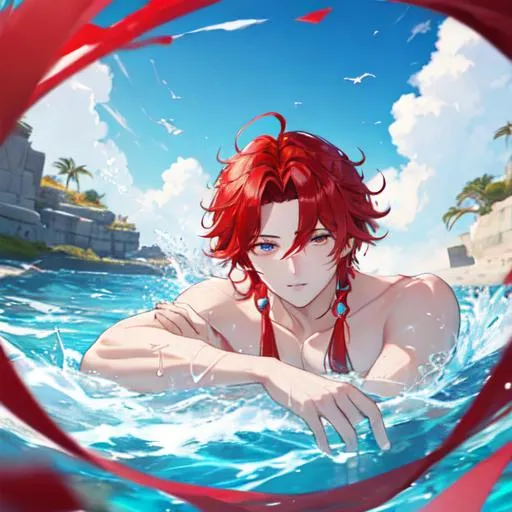 Prompt: Zerif 1male (Red side-swept hair covering his right eye) 8K, UHD, best quality, swimming in the water