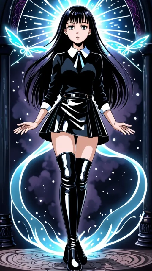 Prompt: full body portrait of an 18-year-old girl, detailed, anime style, wearing a black leather mini skirt, long black knee-high boots with a glossy finish, and black over-the-knee stockings. She is gently touching her boots, stockings, and mini skirt, with a focused expression as she accumulates magical energy. Magical energy flows subtly around her hands and legs, highlighting the mystical aura. The background is a mystical or enchanted setting, enhancing the sense of power and magic. The image should focus on her actions and the accumulation of energy, ensuring it is entirely SFW.