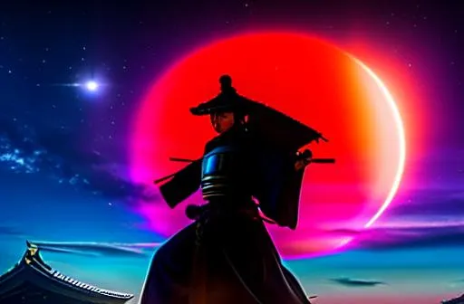 Prompt: a samurai stands to the left holding two sword, with a helmet on, and with a large moon in the background behind his head emitting blue light, smoke rises from below the samurai's waist, 8k, highly detailed, hyper realistic , vivid, japan key environment