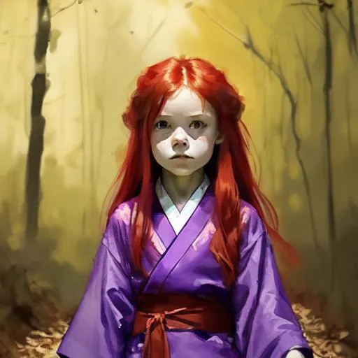 Prompt: little girl, red long hair, wearing a violet kimono. She walks in a forest